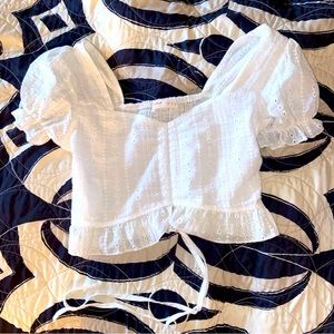 ROMWE white short sleeve blouse top with drawstring to cinch the front.XS-S